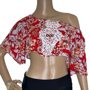 Native Rose Orange Floral Flutter Sleeve Crop Top Boho NWT 6